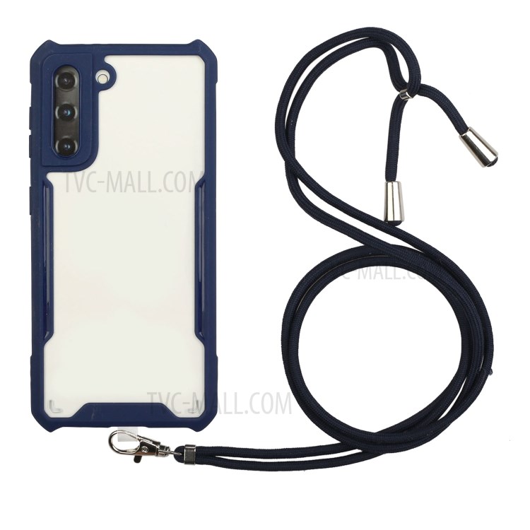 Acrylic+TPU Shockproof Phone Protective Case with Strap for Samsung Galaxy S21 5G - Dark Blue-1