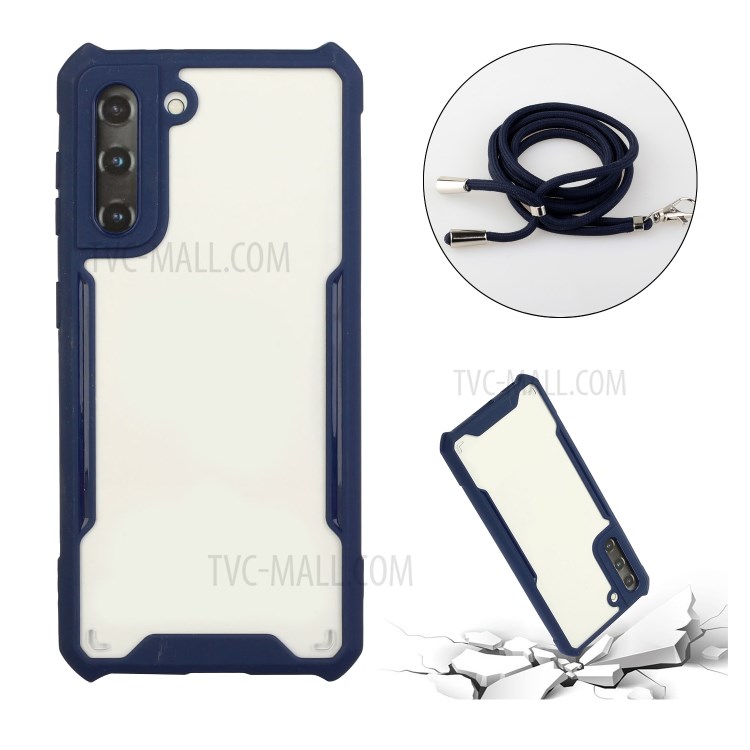 Acrylic+TPU Shockproof Phone Protective Case with Strap for Samsung Galaxy S21 5G - Dark Blue-2