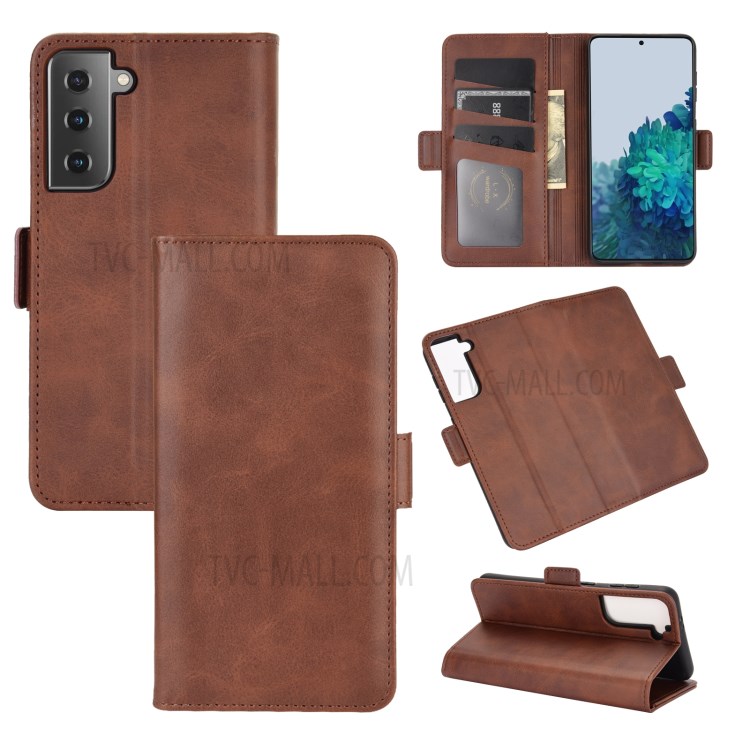 Double Clasp Flip Magnet Leather Wallet Case Stand for Samsung Galaxy S21 Plus 5G - Brown-1