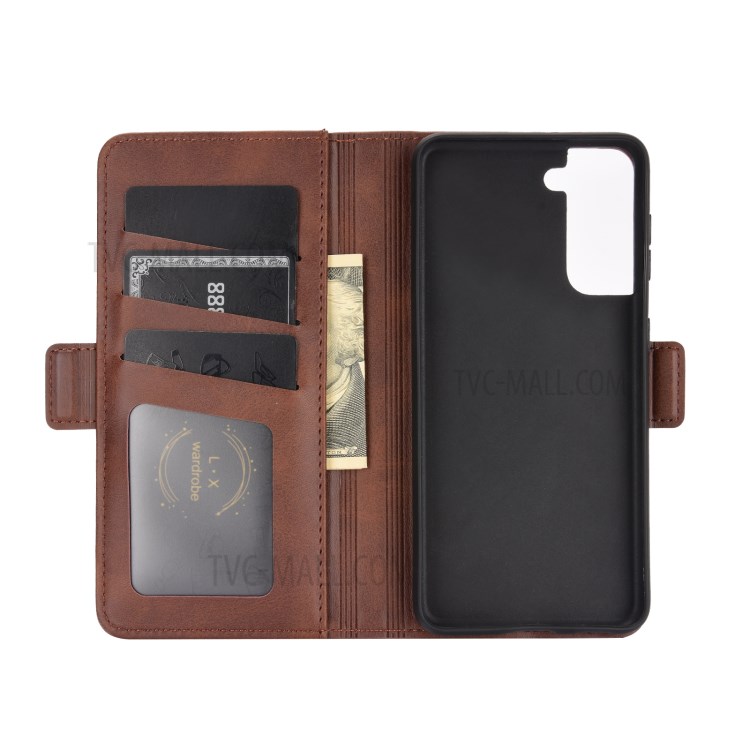 Double Clasp Flip Magnet Leather Wallet Case Stand for Samsung Galaxy S21 Plus 5G - Brown-2