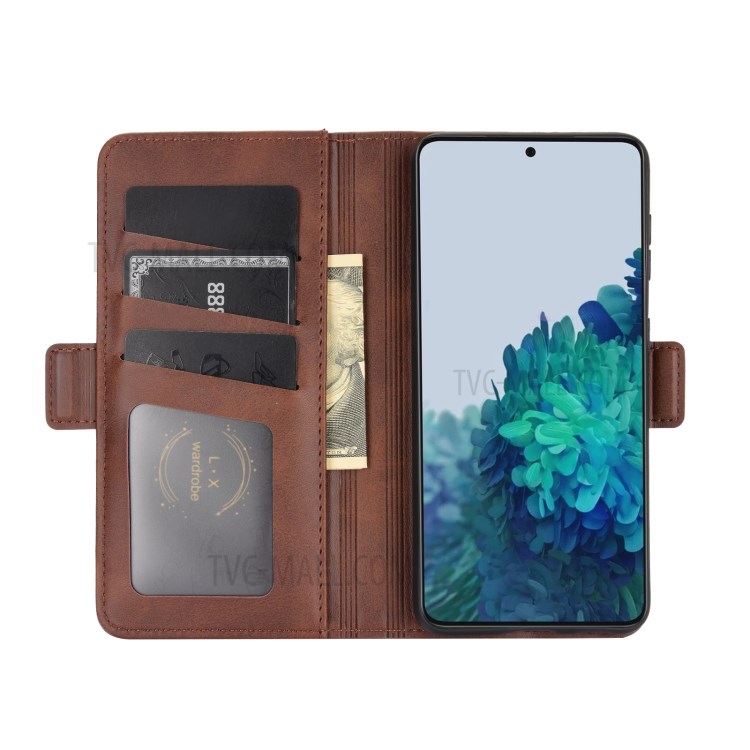 Double Clasp Flip Magnet Leather Wallet Case Stand for Samsung Galaxy S21 Plus 5G - Brown-3