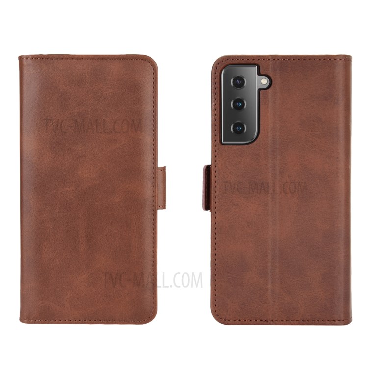 Double Clasp Flip Magnet Leather Wallet Case Stand for Samsung Galaxy S21 Plus 5G - Brown-5