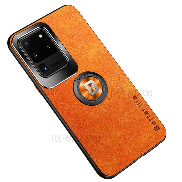 Lens Cap Design Leather Coated TPU Case with Ring Shape Kickstand for Samsung Galaxy S21 Ultra 5G - Orange-1