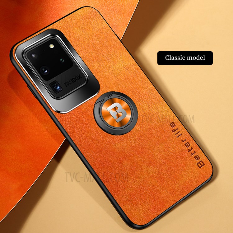 Lens Cap Design Leather Coated TPU Case with Ring Shape Kickstand for Samsung Galaxy S21 Ultra 5G - Orange-2