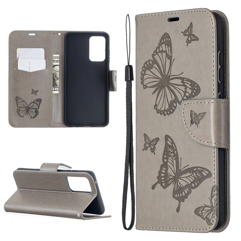 For Samsung Galaxy A52 5G Imprint Butterflies Wallet Stand Flip Leather Phone Shell - Grey-1