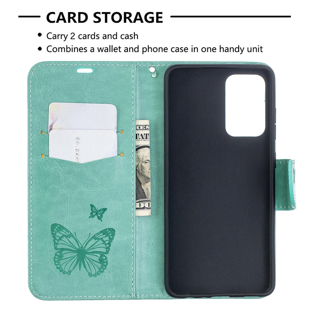 For Samsung Galaxy A52 5G Imprint Butterflies Wallet Stand Flip Leather Phone Shell - Green-6