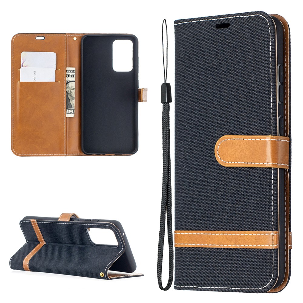 For Samsung Galaxy A52 5G Color Splicing Jeans Cloth Surface Wallet Leather Phone Cover - Black-1