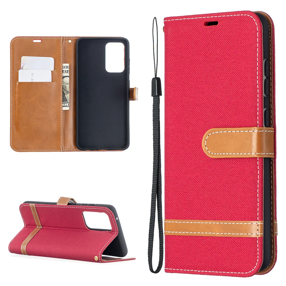 For Samsung Galaxy A52 5G Color Splicing Jeans Cloth Surface Wallet Leather Phone Cover - Red-1