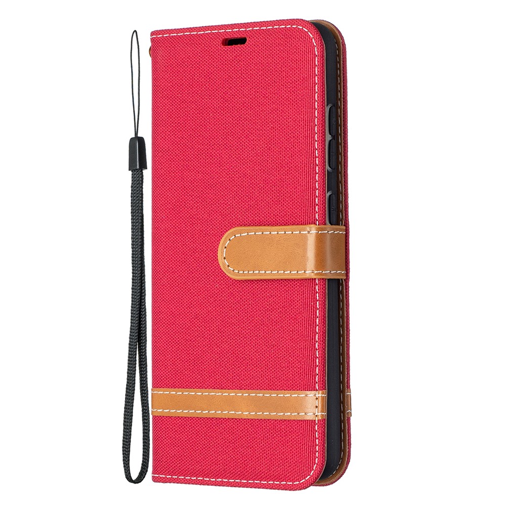 For Samsung Galaxy A52 5G Color Splicing Jeans Cloth Surface Wallet Leather Phone Cover - Red-2