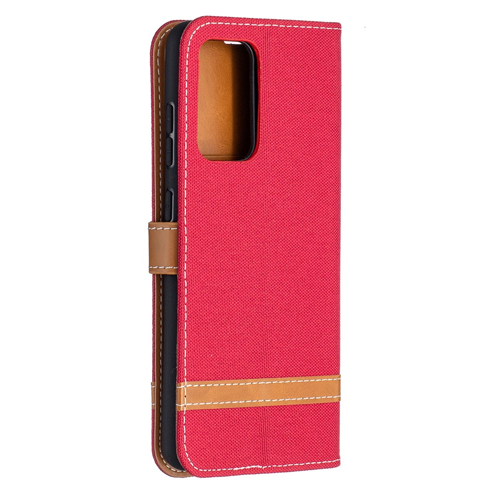 For Samsung Galaxy A52 5G Color Splicing Jeans Cloth Surface Wallet Leather Phone Cover - Red-3