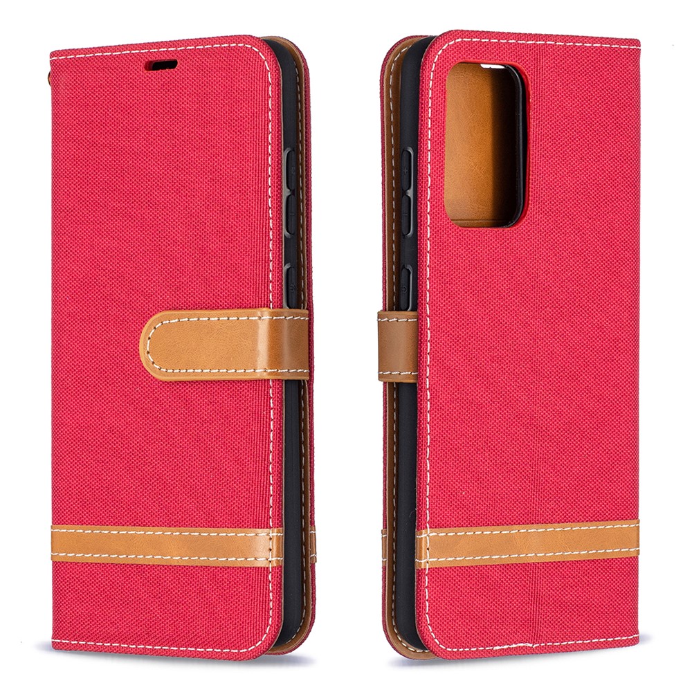 For Samsung Galaxy A52 5G Color Splicing Jeans Cloth Surface Wallet Leather Phone Cover - Red-4