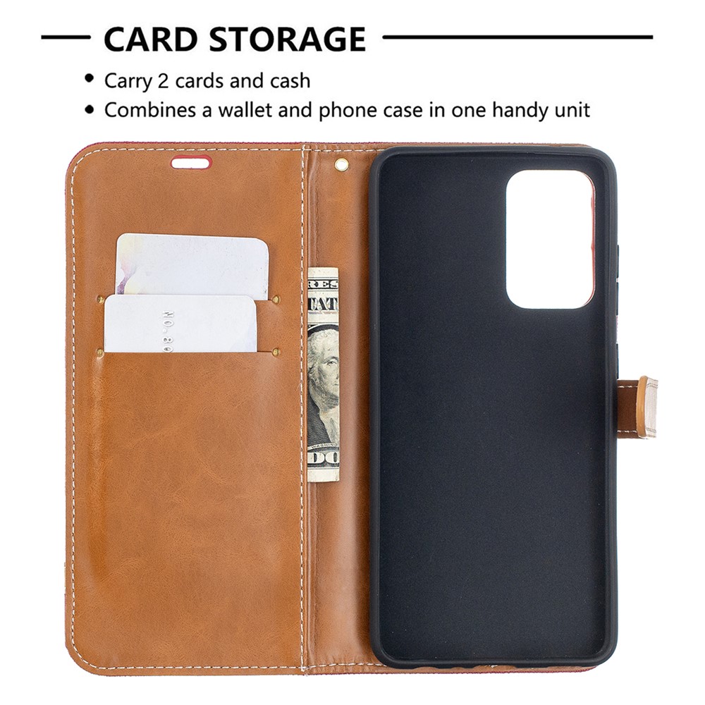 For Samsung Galaxy A52 5G Color Splicing Jeans Cloth Surface Wallet Leather Phone Cover - Red-6