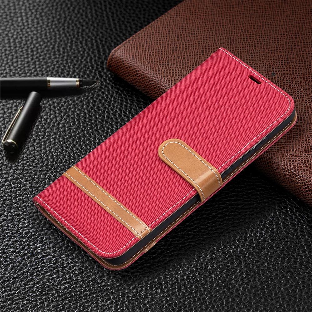 For Samsung Galaxy A52 5G Color Splicing Jeans Cloth Surface Wallet Leather Phone Cover - Red-7
