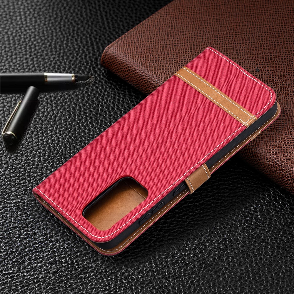 For Samsung Galaxy A52 5G Color Splicing Jeans Cloth Surface Wallet Leather Phone Cover - Red-8