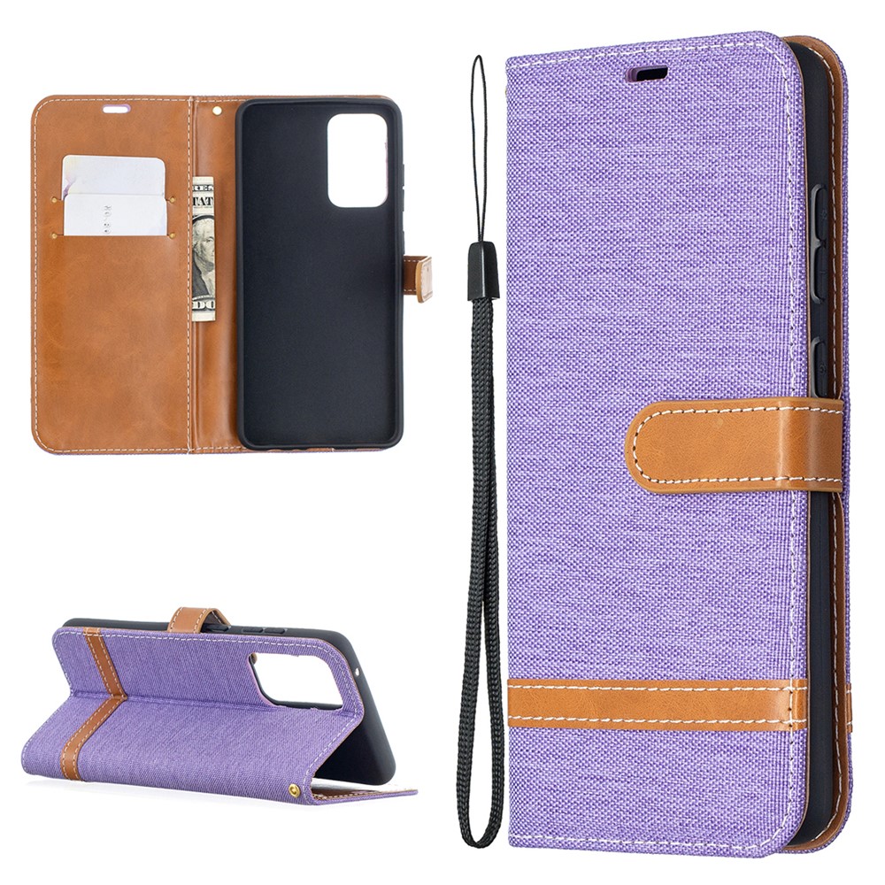 For Samsung Galaxy A52 5G Color Splicing Jeans Cloth Surface Wallet Leather Phone Cover - Purple-1