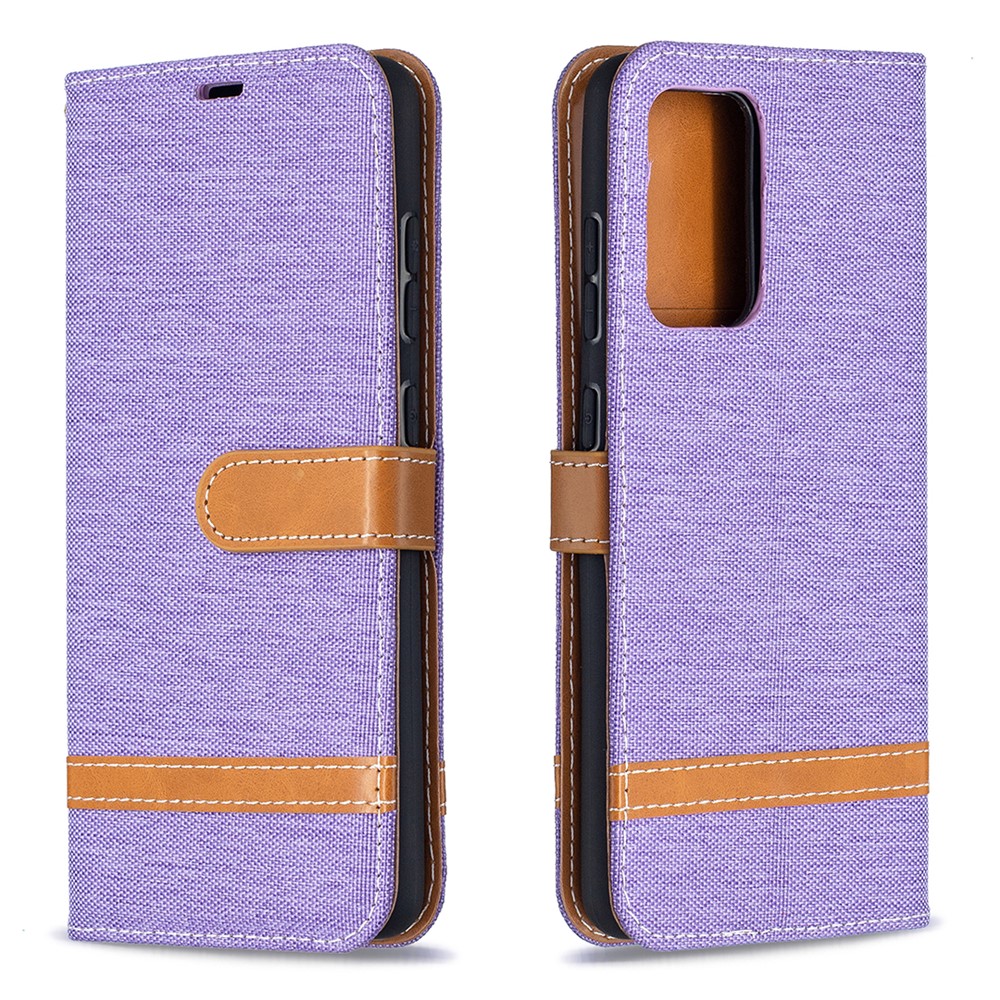 For Samsung Galaxy A52 5G Color Splicing Jeans Cloth Surface Wallet Leather Phone Cover - Purple-4