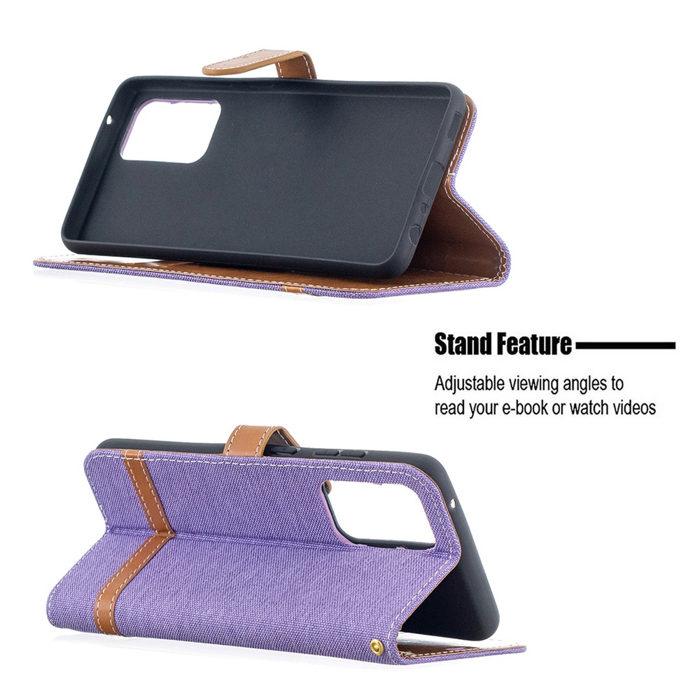 For Samsung Galaxy A52 4G/5G / A52s 5G Color Splicing Jeans Cloth Surface Wallet Leather Phone Cover - Purple-5