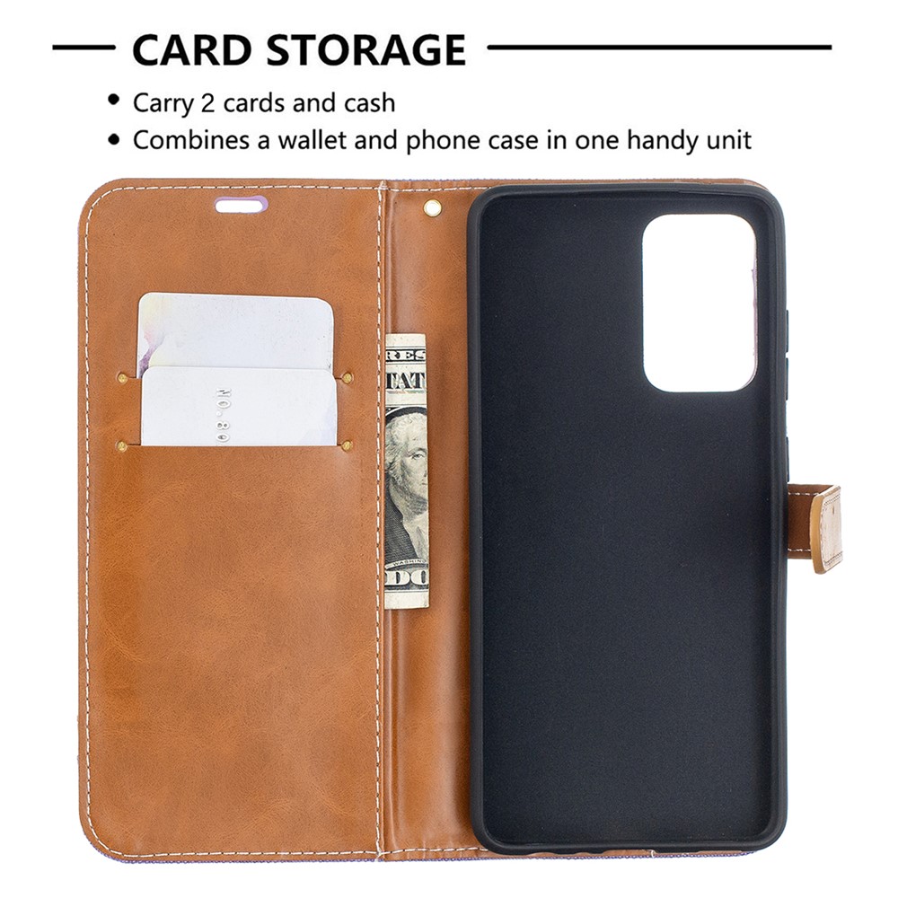 For Samsung Galaxy A52 5G Color Splicing Jeans Cloth Surface Wallet Leather Phone Cover - Purple-6