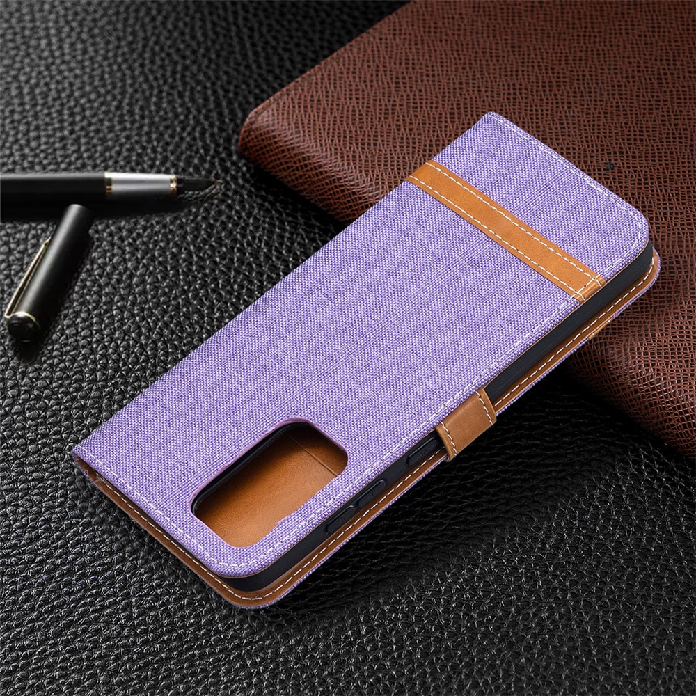 For Samsung Galaxy A52 4G/5G / A52s 5G Color Splicing Jeans Cloth Surface Wallet Leather Phone Cover - Purple-8