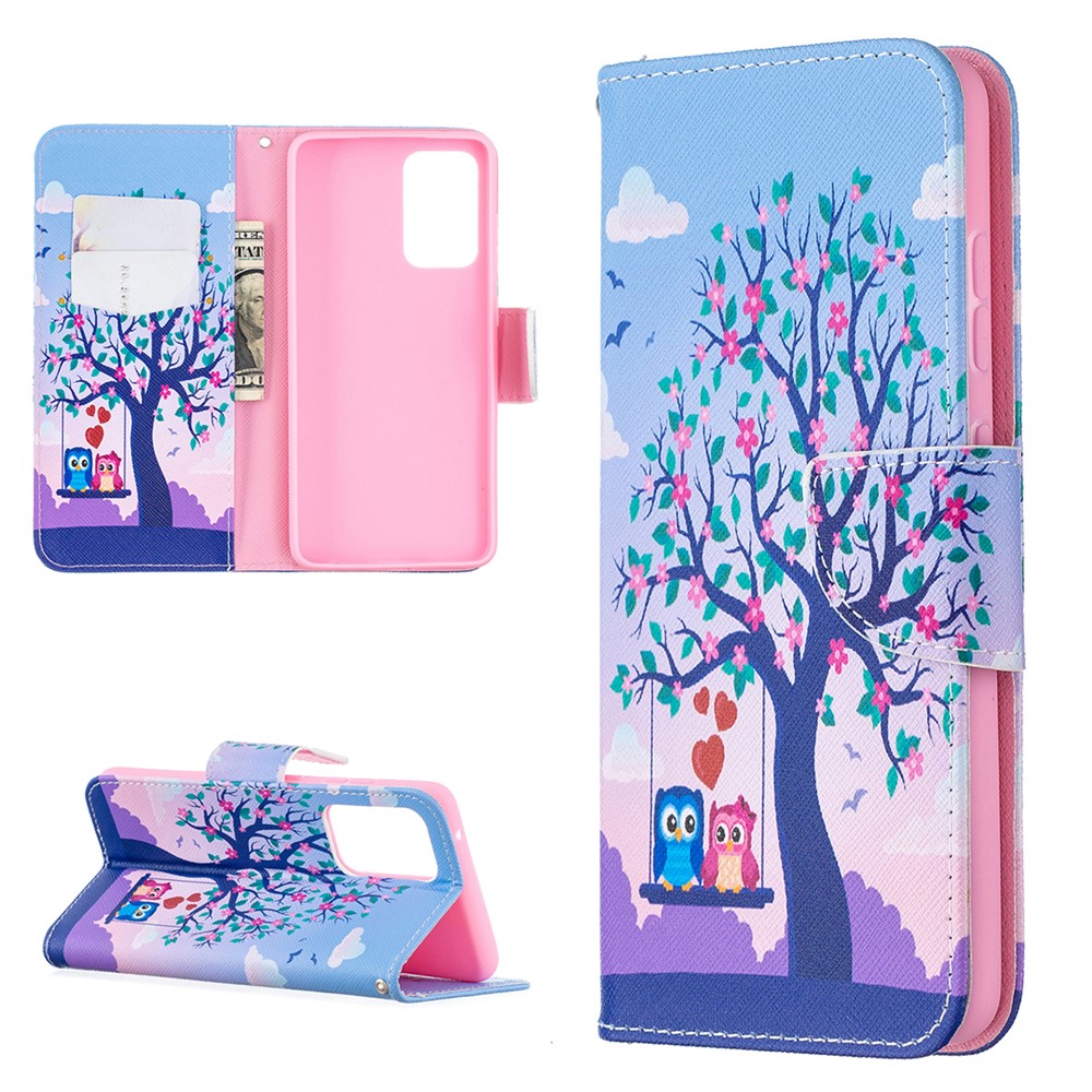 Wallet Stand Design Pattern Printing Folio Flip Leather Phone Shell for Samsung Galaxy A52 5G - Couple Owls and Tree-1