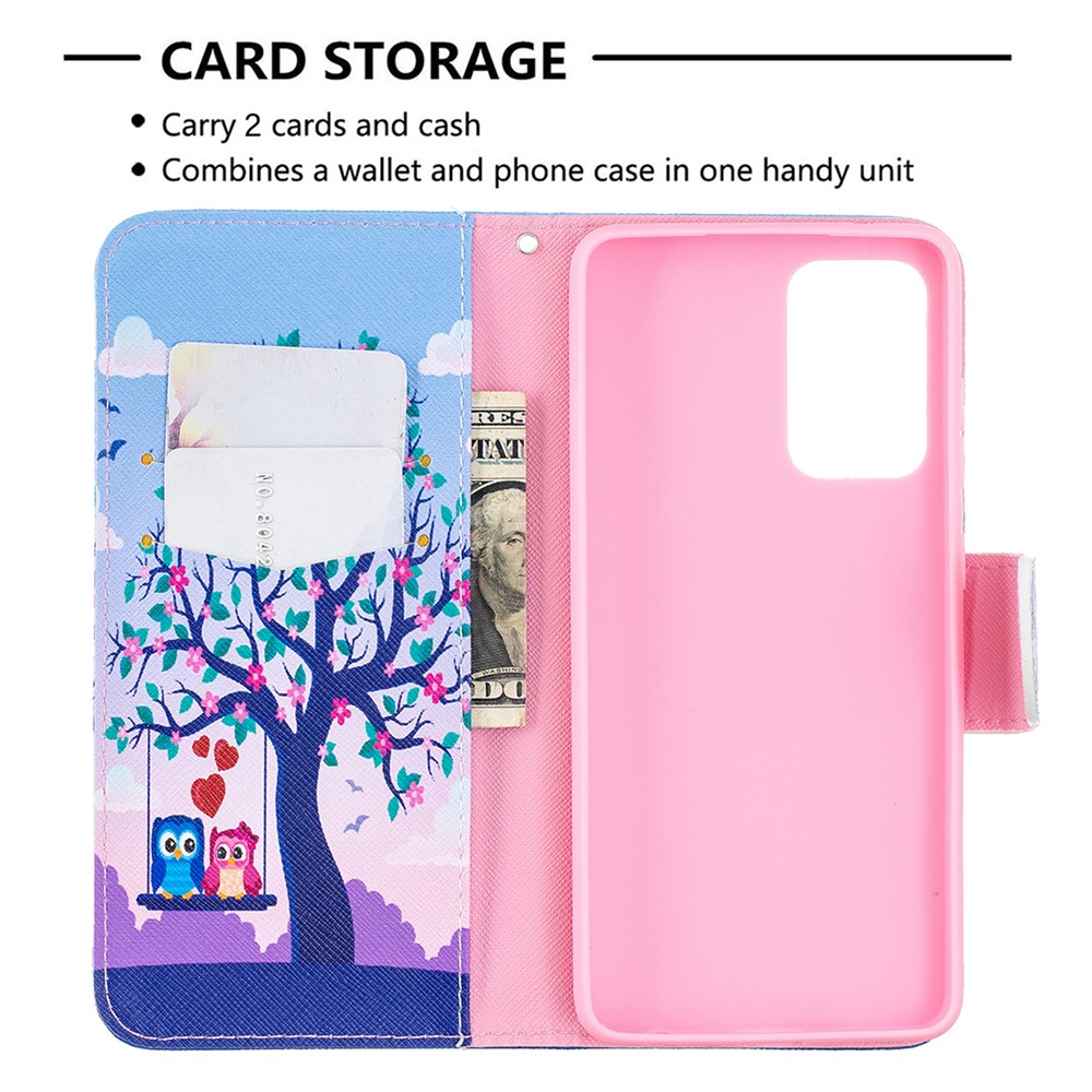 Wallet Stand Design Pattern Printing Folio Flip Leather Phone Shell for Samsung Galaxy A52 5G - Couple Owls and Tree-6