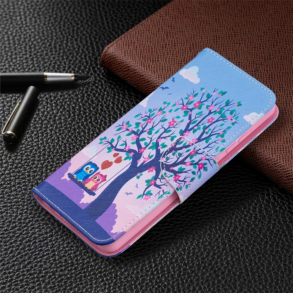 Wallet Stand Design Pattern Printing Folio Flip Leather Phone Shell for Samsung Galaxy A52 5G - Couple Owls and Tree-7
