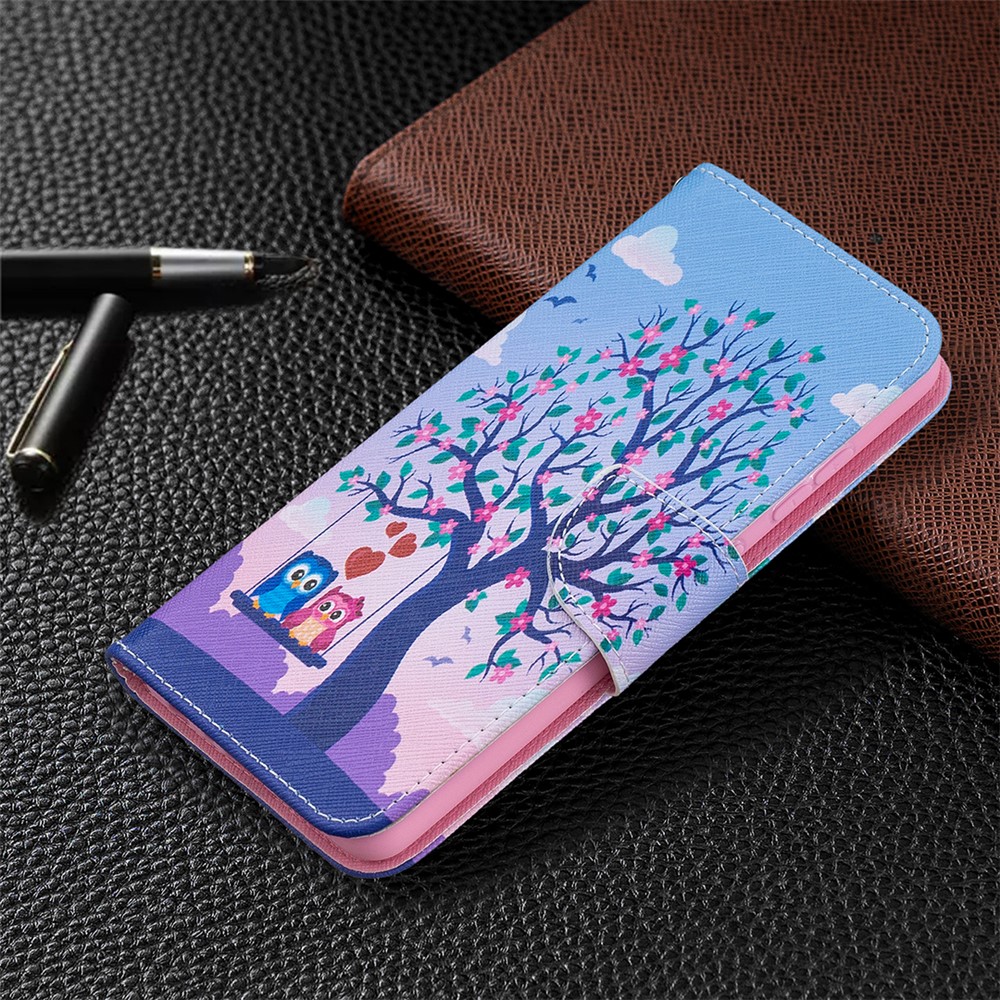 Portafoglio Stand Design Modello di Stampa Follio Flip Leathe Telefono Per Samsung Galaxy A52 4G/5G / A52s 5G - Coppia Gufi e Albero-7