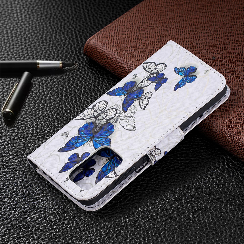 Wallet Stand Design Pattern Printing Folio Flip Leather Phone Shell for Samsung Galaxy A52 5G - Blue Butterflies-8