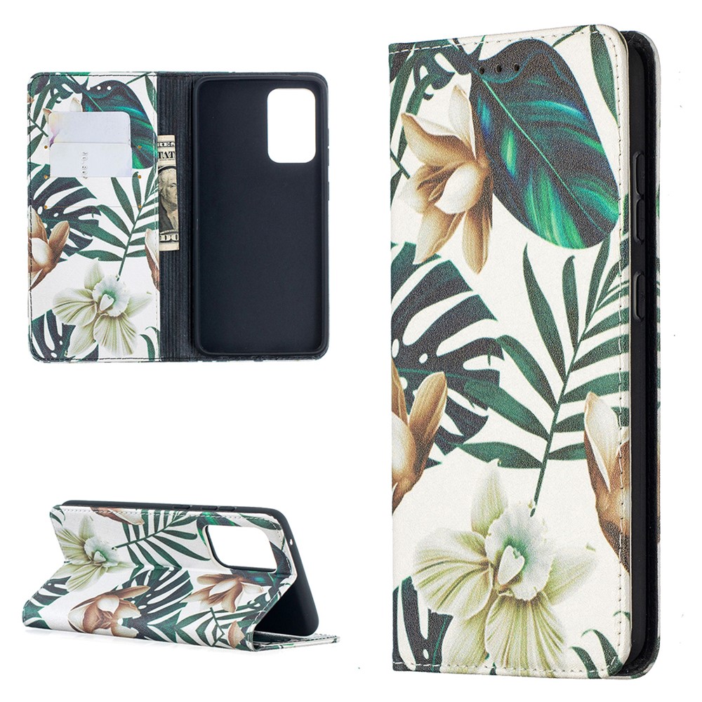 Pattern Printing PU Leather Auto-absorbed Case with Wallet Stand Design for Samsung Galaxy A52 5G - Leaves-1