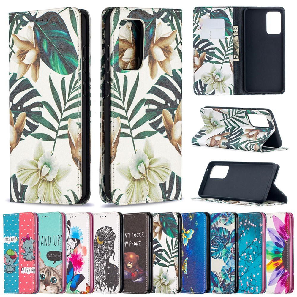 Impresión de Patrones Case de Cuero PU Auto-absorbido Con Diseño de Stand de Billetera Para Samsung Galaxy A52 4G/5G / A52s 5G - Hojas