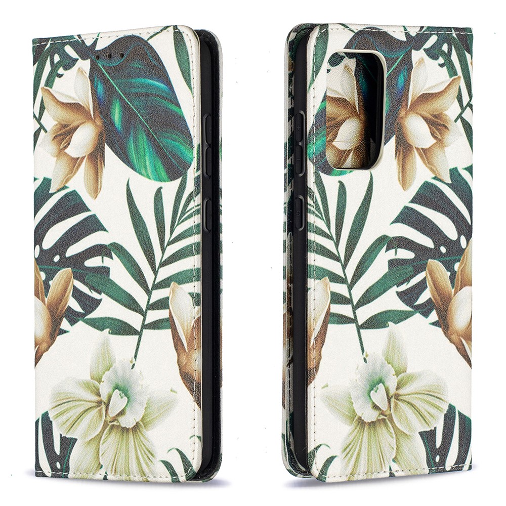 Pattern Printing PU Leather Auto-absorbed Case with Wallet Stand Design for Samsung Galaxy A52 5G - Leaves-4