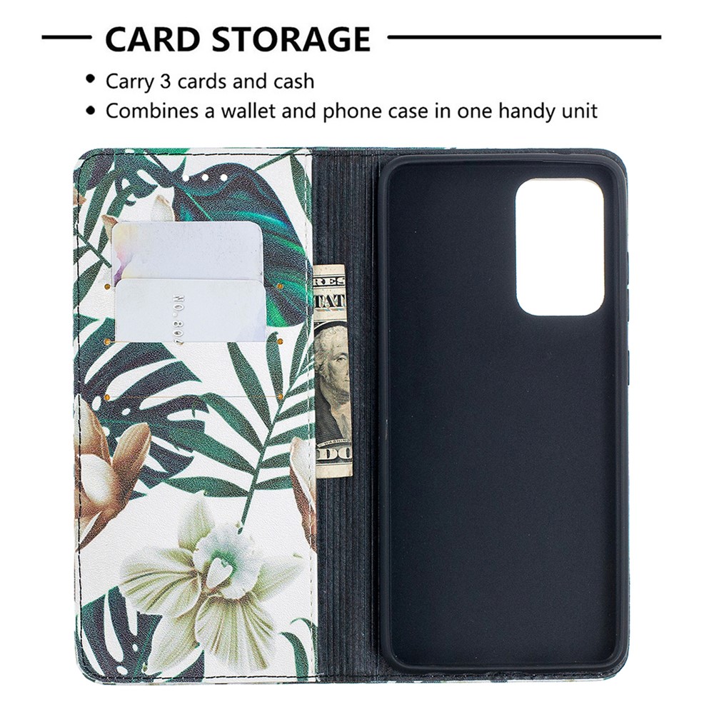 Pattern Printing PU Leather Auto-absorbed Case with Wallet Stand Design for Samsung Galaxy A52 5G - Leaves-7