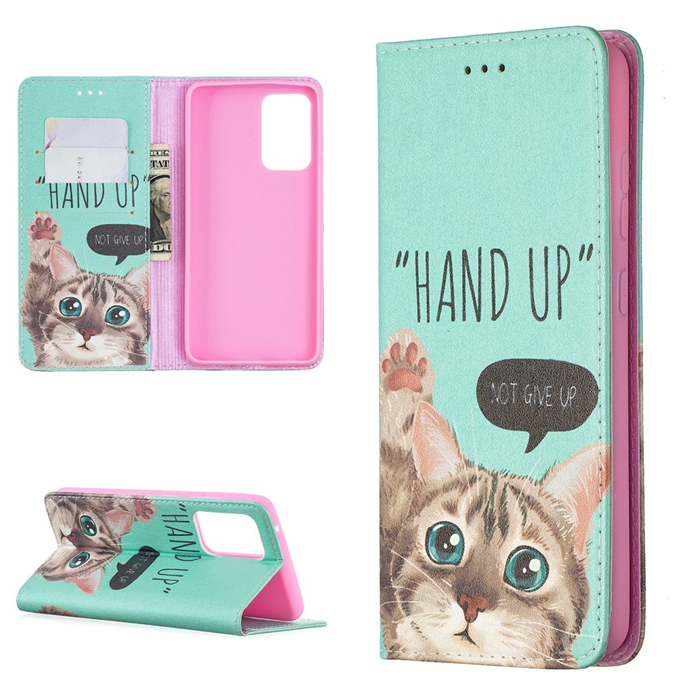 Pattern Printing PU Leather Auto-absorbed Case with Wallet Stand Design for Samsung Galaxy A52 5G - Cat-1