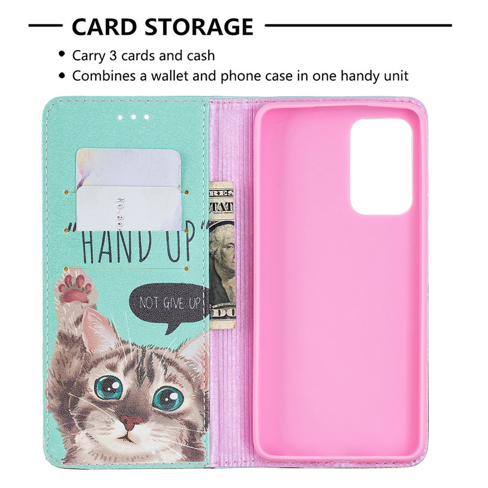 Pattern Printing PU Leather Auto-absorbed Case with Wallet Stand Design for Samsung Galaxy A52 5G - Cat-7