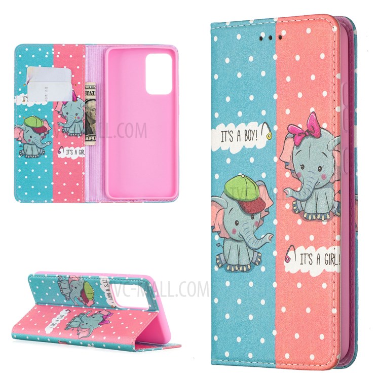 Pattern Printing PU Leather Auto-absorbed Case with Wallet Stand Design for Samsung Galaxy A52 5G - Elephant-1