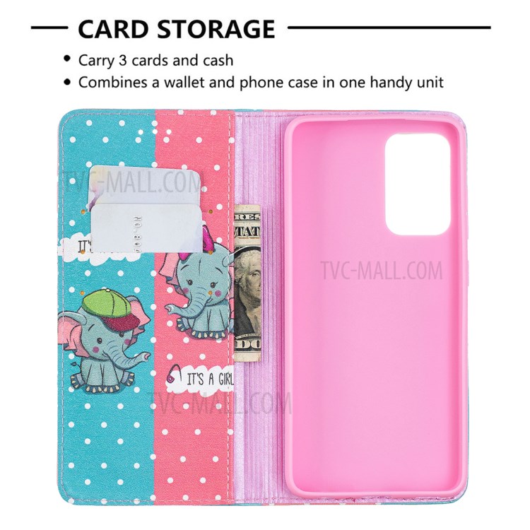 Pattern Printing PU Leather Auto-absorbed Case with Wallet Stand Design for Samsung Galaxy A52 5G - Elephant-7