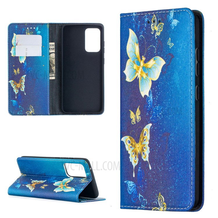 Pattern Printing PU Leather Auto-absorbed Case with Wallet Stand Design for Samsung Galaxy A52 5G - Gold Butterflies-1