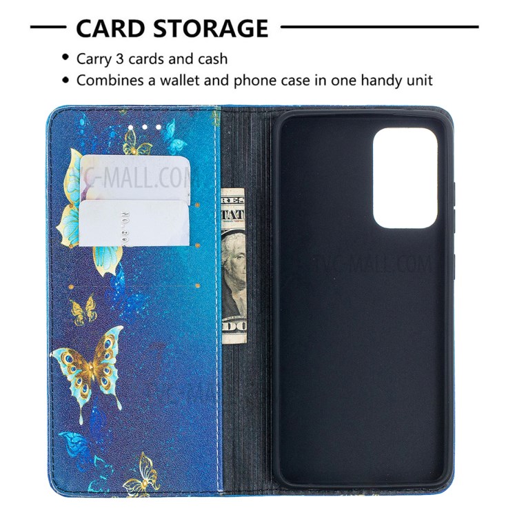 Pattern Printing PU Leather Auto-absorbed Case with Wallet Stand Design for Samsung Galaxy A52 5G - Gold Butterflies-7