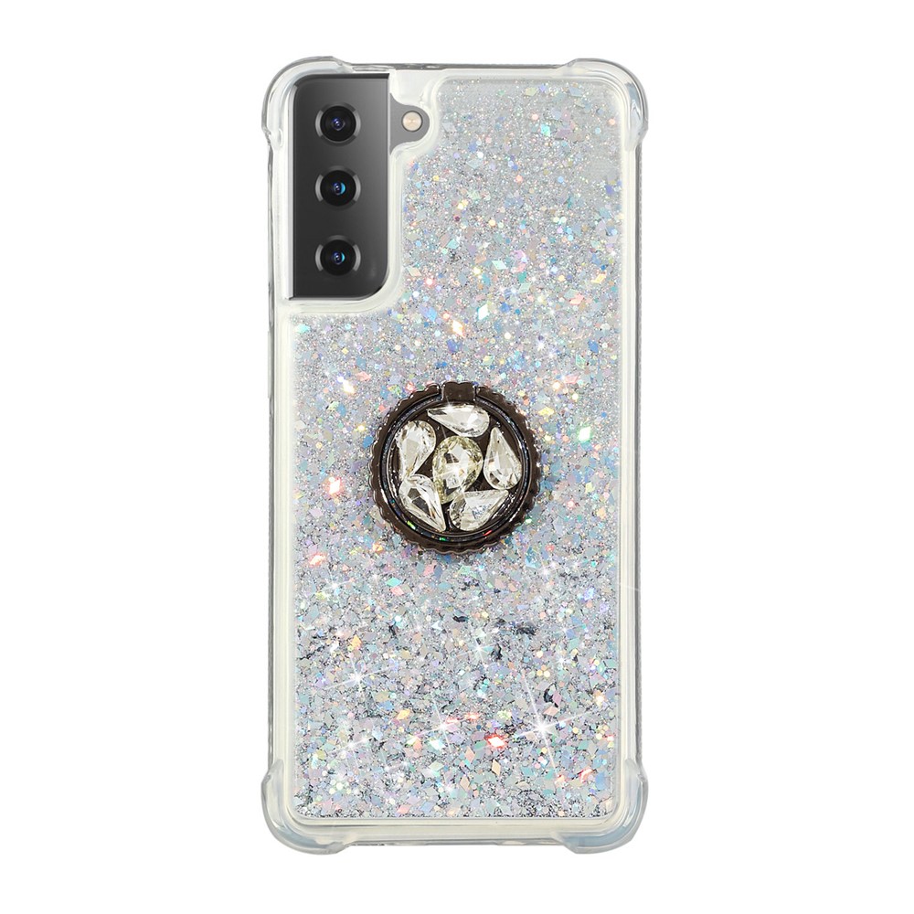 Glitter Powder Quicksand Design Rhinestone Kickstand TPU Phone Case for Samsung Galaxy S21 Plus 5G - Silver-2