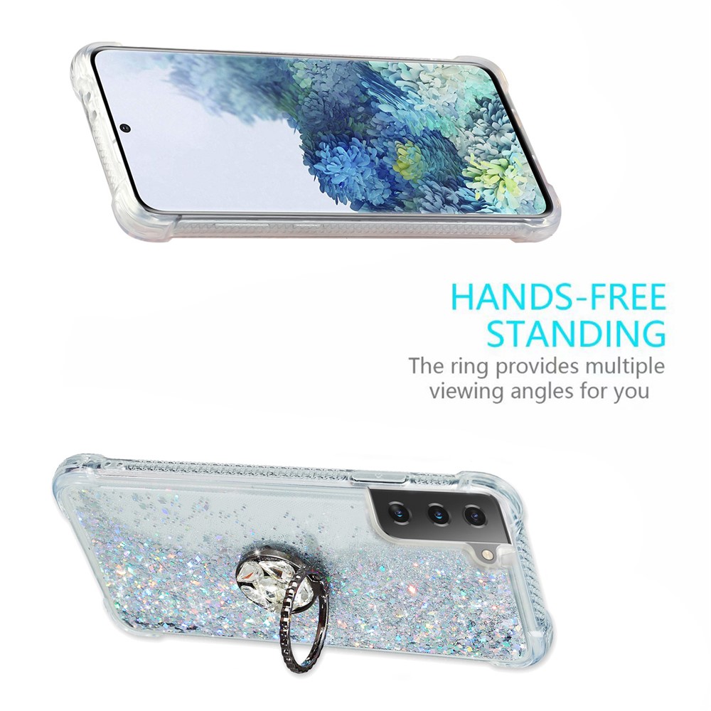 Glitter Powder Quicksand Design Rhinestone Kickstand TPU Phone Case for Samsung Galaxy S21 Plus 5G - Silver-3