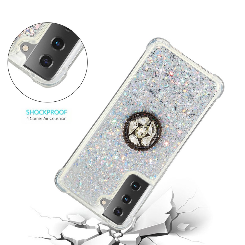 Glitter Powder Quicksand Design Rhinestone Kickstand TPU Phone Case for Samsung Galaxy S21 Plus 5G - Silver-4