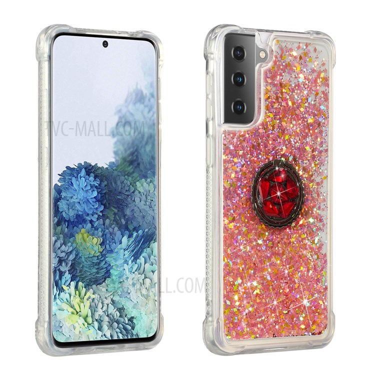 Glitter Powder Quicksand Design Rhinestone Kickstand TPU Phone Case for Samsung Galaxy S21 Plus 5G - Rose Gold-1