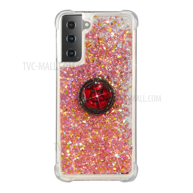 Glitter Powder Quicksand Design Rhinestone Kickstand TPU Phone Case for Samsung Galaxy S21 Plus 5G - Rose Gold-2