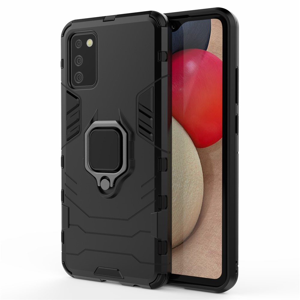 Finger Ring Holder Kickstand Case PC + TPU Hybrid Shell for Samsung Galaxy A02s (EU Version) - Black-1