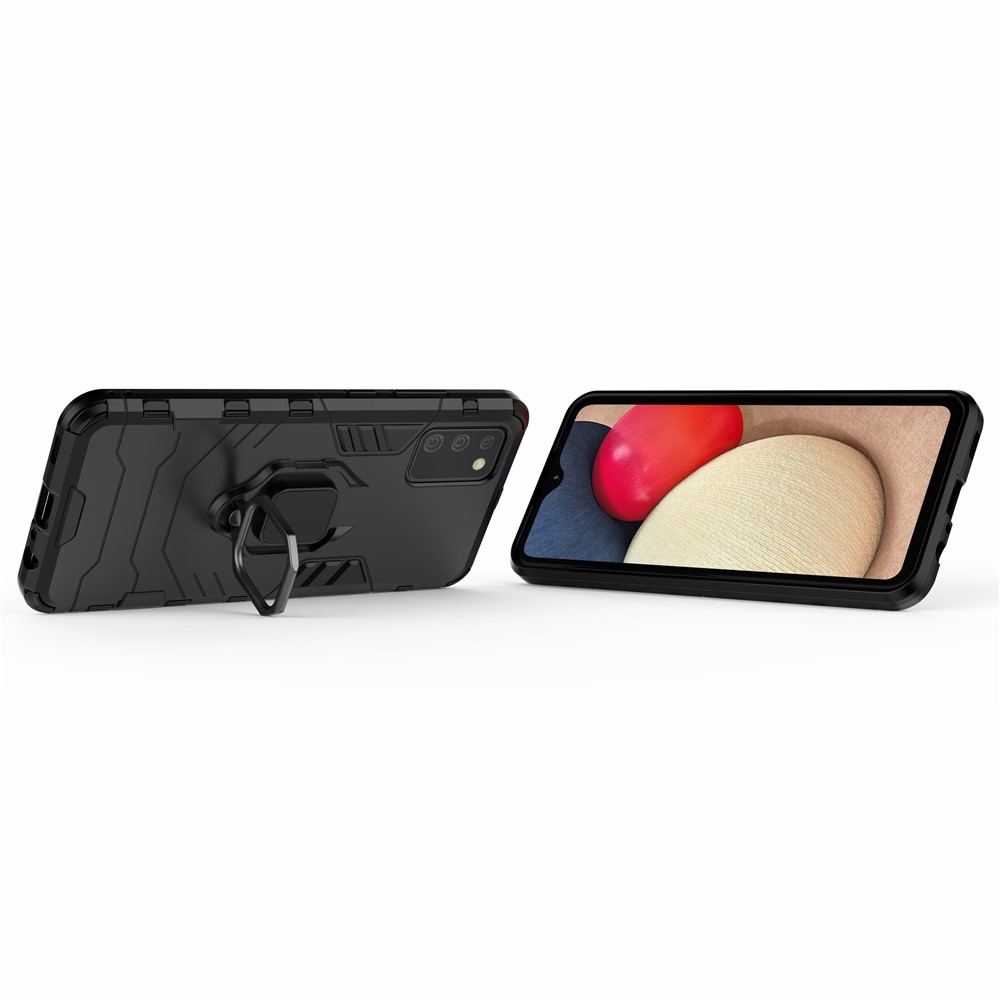 Finger Ring Holder Kickstand Case PC + TPU Hybrid Shell for Samsung Galaxy A02s (EU Version) - Black-3