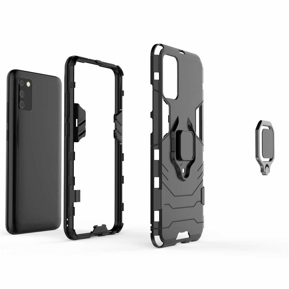 Finger Ring Holder Kickstand Case PC + TPU Hybrid Shell for Samsung Galaxy A02s (EU Version) - Black-4