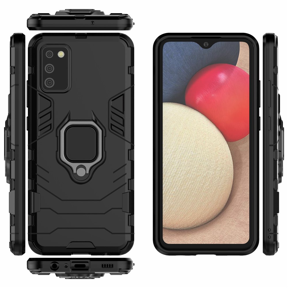Finger Ring Holder Kickstand Case PC + TPU Hybrid Shell for Samsung Galaxy A02s (EU Version) - Black-7