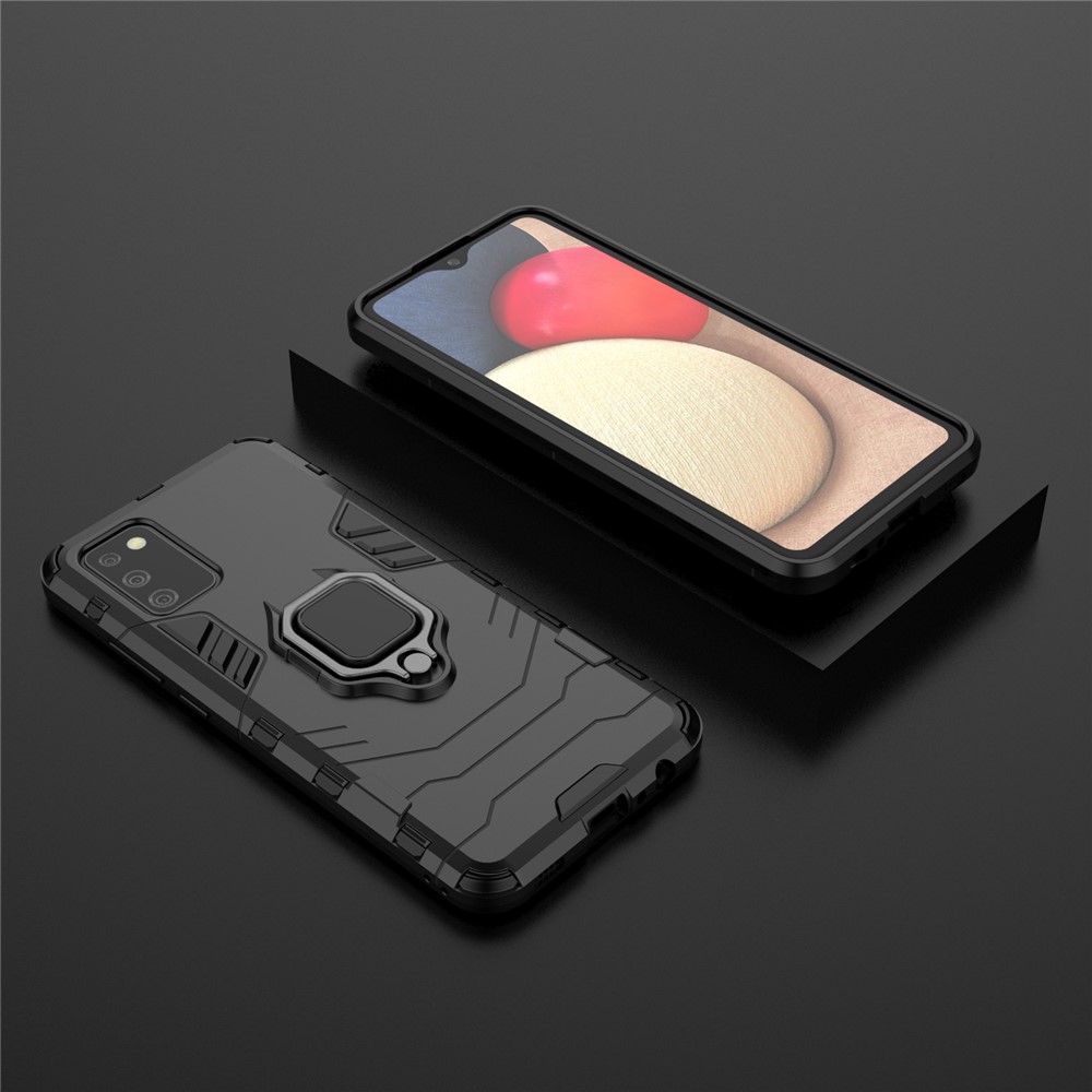 Finger Ring Holder Kickstand Case PC + TPU Hybrid Shell for Samsung Galaxy A02s (EU Version) - Black-9