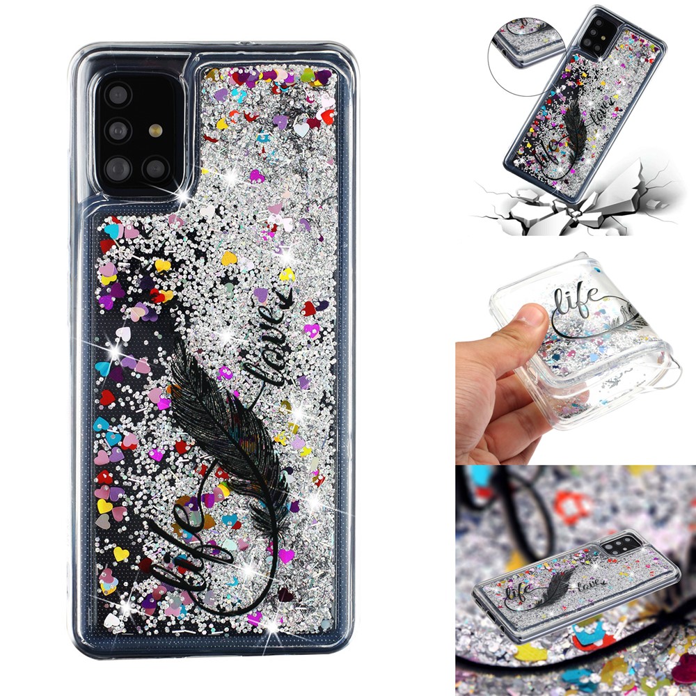 Fashionable Pattern + Glitter Powder Quicksand TPU Protective Cover Shell for Samsung Galaxy A52 5G - Feather-1