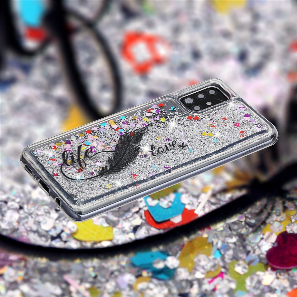 Fashionable Pattern + Glitter Powder Quicksand TPU Protective Cover Shell for Samsung Galaxy A52 5G - Feather-6